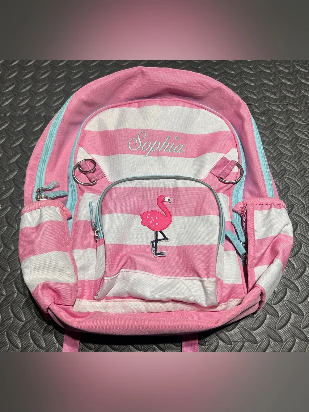 Pottery Barn Kids Pink & White Striped Backpack with “Sophia” Stitched